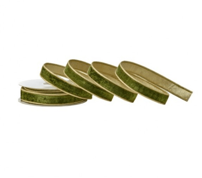 Olive green velvet ribbon with gold metallic dupion backing on spool, 1 inch wide