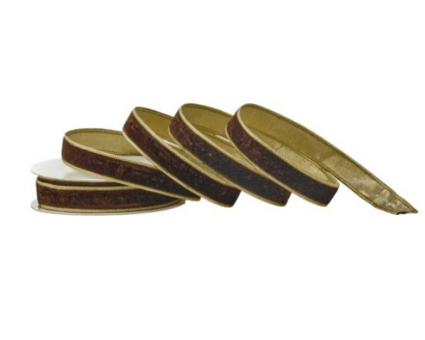Brown velvet ribbon with gold metallic dupion backing, 1 inch wide, shown in stacked spools