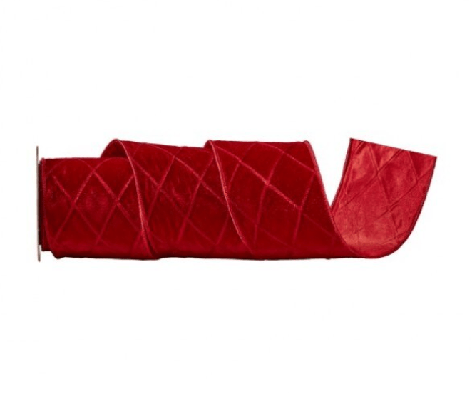 Red velvet wired ribbon roll with diamond trellis pattern, 4 inches wide