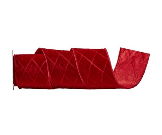 Red velvet wired ribbon roll with diamond trellis pattern, 4 inches wide