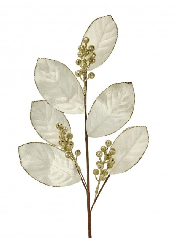 Ivory velvet magnolia leaf spray with gold glitter berry clusters, 27 inches