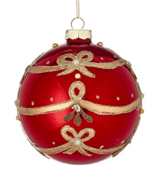 Red glass Christmas ball ornament with gold glitter bow and ribbon accents, 4 inch