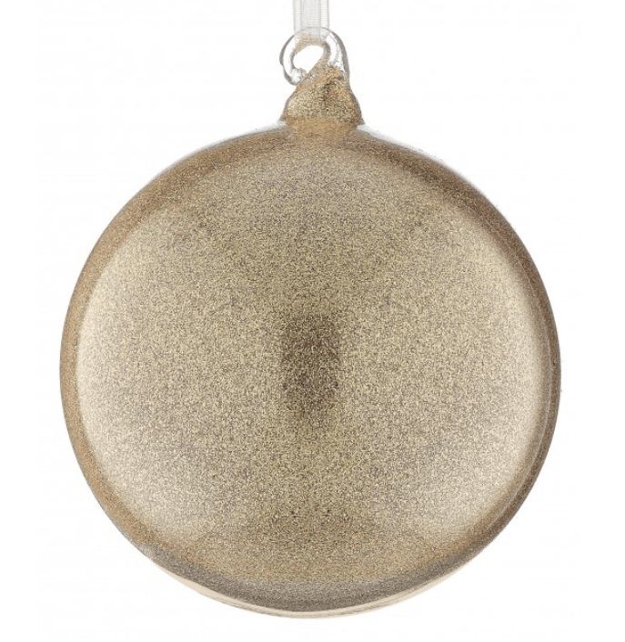 4 inch round glass glitter ball ornament in shimmering gold with ribbon hanger