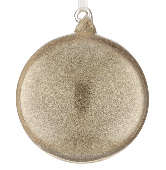 4 inch round glass glitter ball ornament in shimmering gold with ribbon hanger