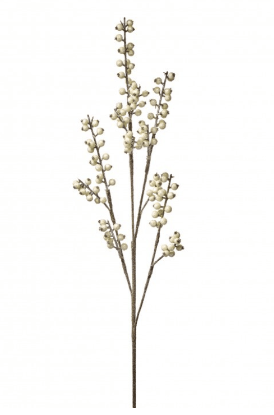 White glitter berry spray branch with small round beads on thin stems, 26.5 inches tall