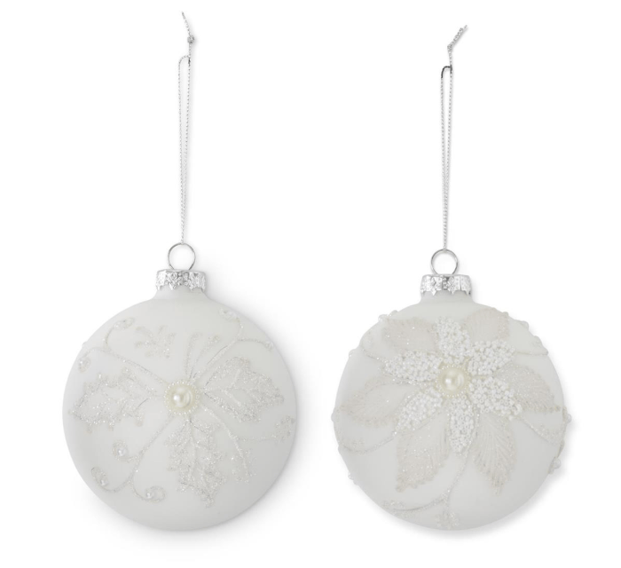 4.5 Inch Seed Bead Snowflake White Round Glass Ornaments