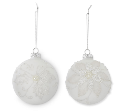4.5 Inch Seed Bead Snowflake White Round Glass Ornaments