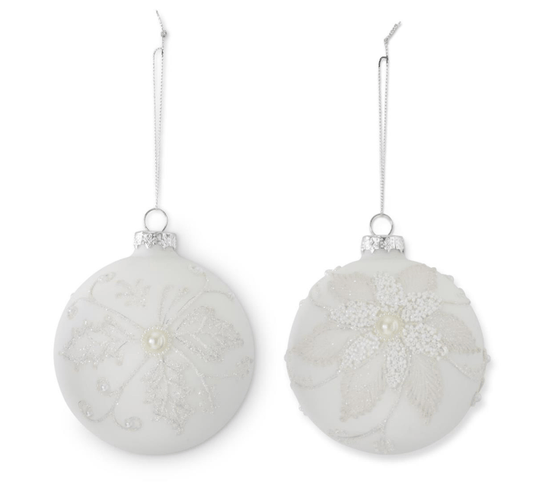 4.5 Inch Seed Bead Snowflake White Round Glass Ornaments