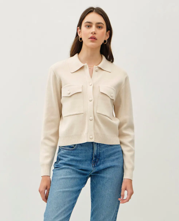 Cropped Sweater Button Up Jacket With Front Chest Pockets
