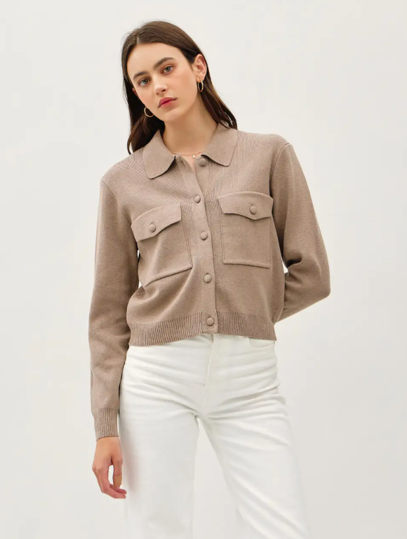 Cropped Sweater Button Up Jacket With Front Chest Pockets