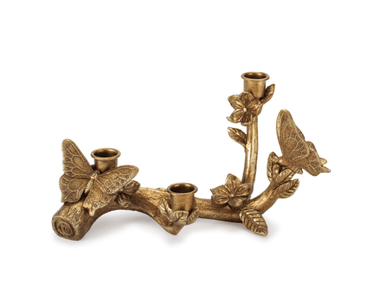 Aged Metal Taper Candle Holder with Butterflies