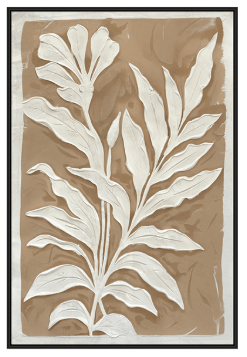 Brown and White Minimalist Leaf Painting with Black Frame