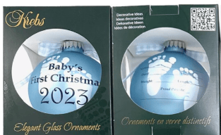 Blue glass ornament, Baby's First Christmas 2023, with baby footprints design, Krebs brand