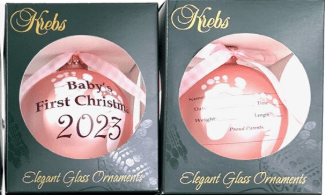 Two pink glass ornaments in boxes, Baby's First Christmas 2023 by Krebs