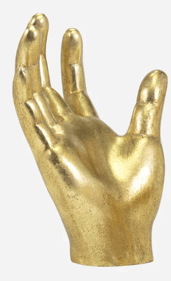 Gold metallic resin sculpture of an open outstretched human hand figurine