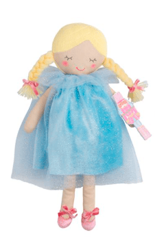 Mudpie plush doll with blonde braids, blue glitter dress, and pink wand accessory