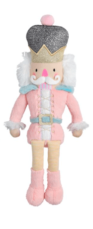Pink plush nutcracker toy with silver glitter hat and white faux fur trim