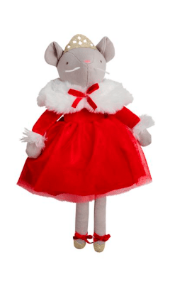 Mudpie mouse plush doll in red tulle dress with white fur collar and gold crown