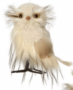 Fluffy white and cream faux fur owl ornament perched on wire branch