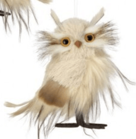 Fluffy white and tan owl Christmas ornament with yellow eyes and wire feet