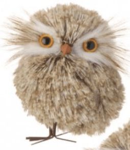 Fluffy beige and brown straw owl ornament with orange eyes and wire feet