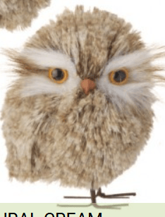 Fluffy brown and cream owl ornament with orange eyes on wire legs