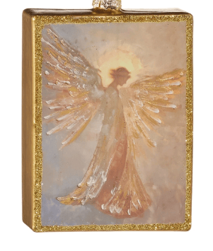 Gold glitter-framed rectangular ornament featuring a glowing angel with feathered wings