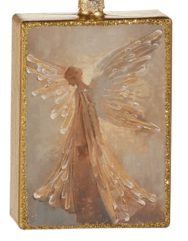 Gold glitter-edged rectangular glass ornament featuring a painted golden angel with white wings