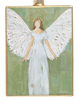 Painted angel ornament with white wings, halo, and green background, gold edges