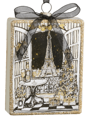 Glittery rectangular ornament featuring Eiffel Tower scene with black bow topper