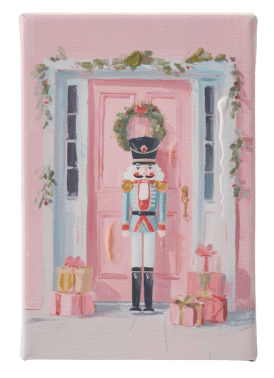 Pink door nutcracker Christmas wall art canvas with wreath and gifts