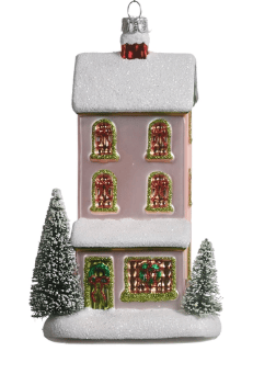 Pink glitter house Christmas ornament with snow-covered roof and miniature green trees