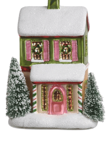 Green and pink glitter house Christmas ornament with snowy roof and bottle brush trees