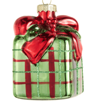 Glass green plaid gift box ornament with red bow and holly accents