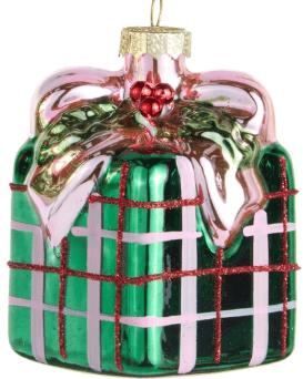 Green plaid glass gift box Christmas ornament with pink bow and red glitter