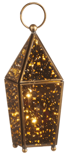 Antiqued gold hexagonal lantern ornament with amber tortoiseshell glass panels and warm LED lights