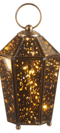 Antiqued gold hexagonal lantern ornament with tortoiseshell glass panels and warm LED lights