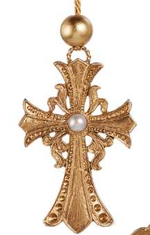 Gold ornate cross ornament with pearl center and decorative filigree detailing