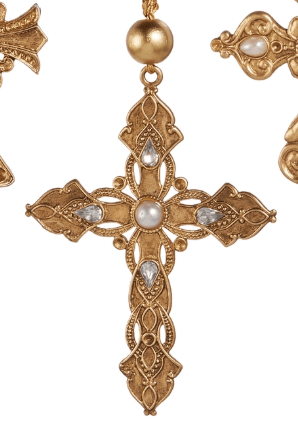 Gold ornate cross ornament with pearl and crystal accents on decorative chain