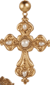 Gold ornate cross ornament with pearl accents and scrollwork detailing, hanging loop