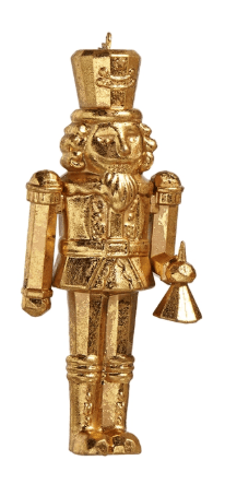 Gold metallic nutcracker Christmas ornament with soldier uniform and bell accessory
