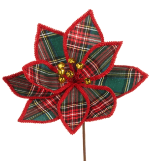 Red and green plaid fabric poinsettia pick with gold jingle bells on stem