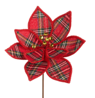 Red plaid fabric poinsettia pick with gold bell center on stem