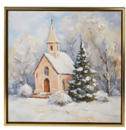 Framed winter painting of a pink chapel with snow-covered trees and evergreen
