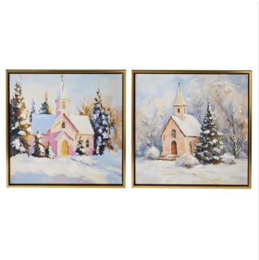 Two framed winter chapel paintings in snow scene, pink and ivory tones, gold frames