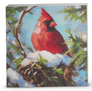 Oil painting canvas block of red cardinal bird perched on snowy pine branch