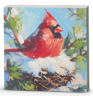 Painted cardinal on snowy nest art block, bright red bird, green branches