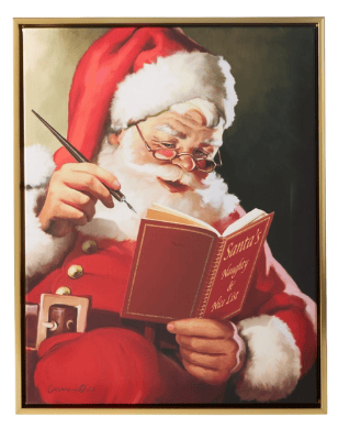 Framed canvas print of Santa reading Naughty and Nice List with pencil