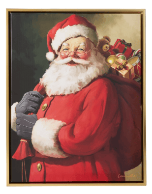 Framed canvas painting of jolly Santa Claus in red suit carrying gift-filled sack