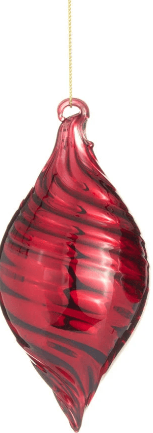 Dark red glass teardrop ornament with swirl pattern, hanging from gold string